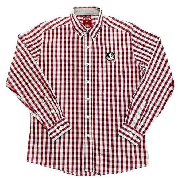 Florida State Seminoles Sz L Shirt Mens Red Check Button Up Long Sleeve Antigua - Picture 1 of 15